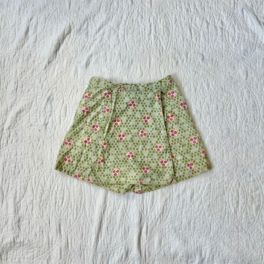 Vintage 50s/60s Green Geometric Floral Print Skort Wrap Front Shorts Mini